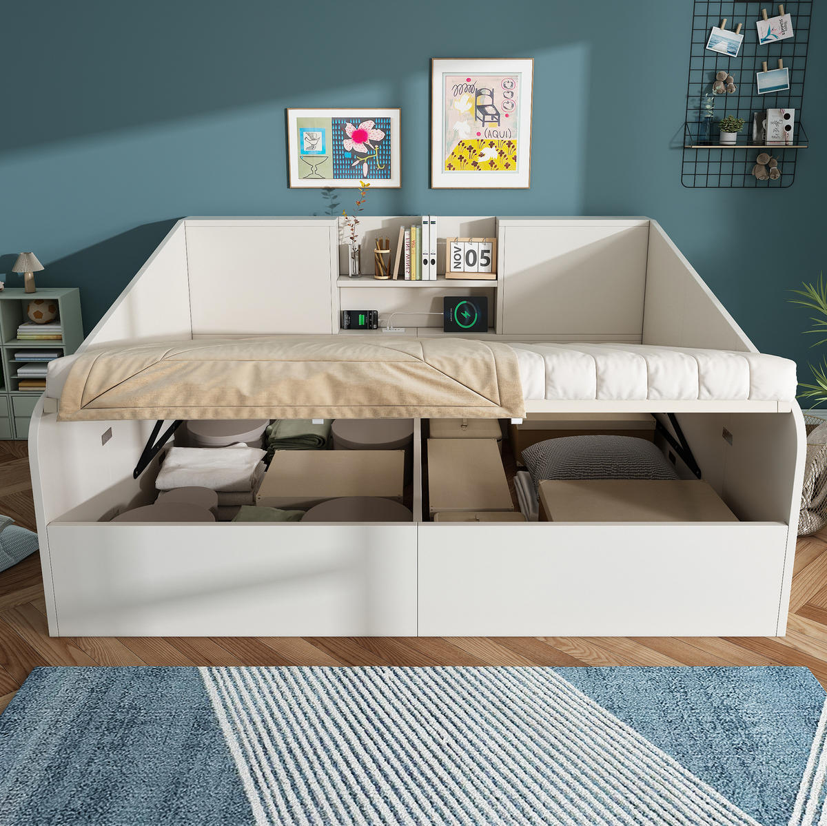 DENNÁ posteľ 140/190 cm biela s hydraulickým úložným priestorom a USB/Type-C nabíjaním z dreva - biela, textil (140/190cm) - OKWISH