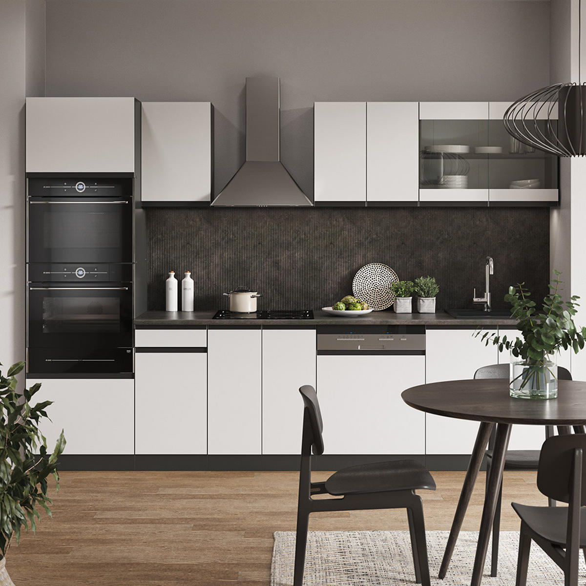 KÜCHENZEILE R-Line Weiß/Anthrazit 300 cm mit Hochschrank, AP Eiche - Anthrazit/Weiß, Holzwerkstoff (300/81.6/60cm) - Vicco