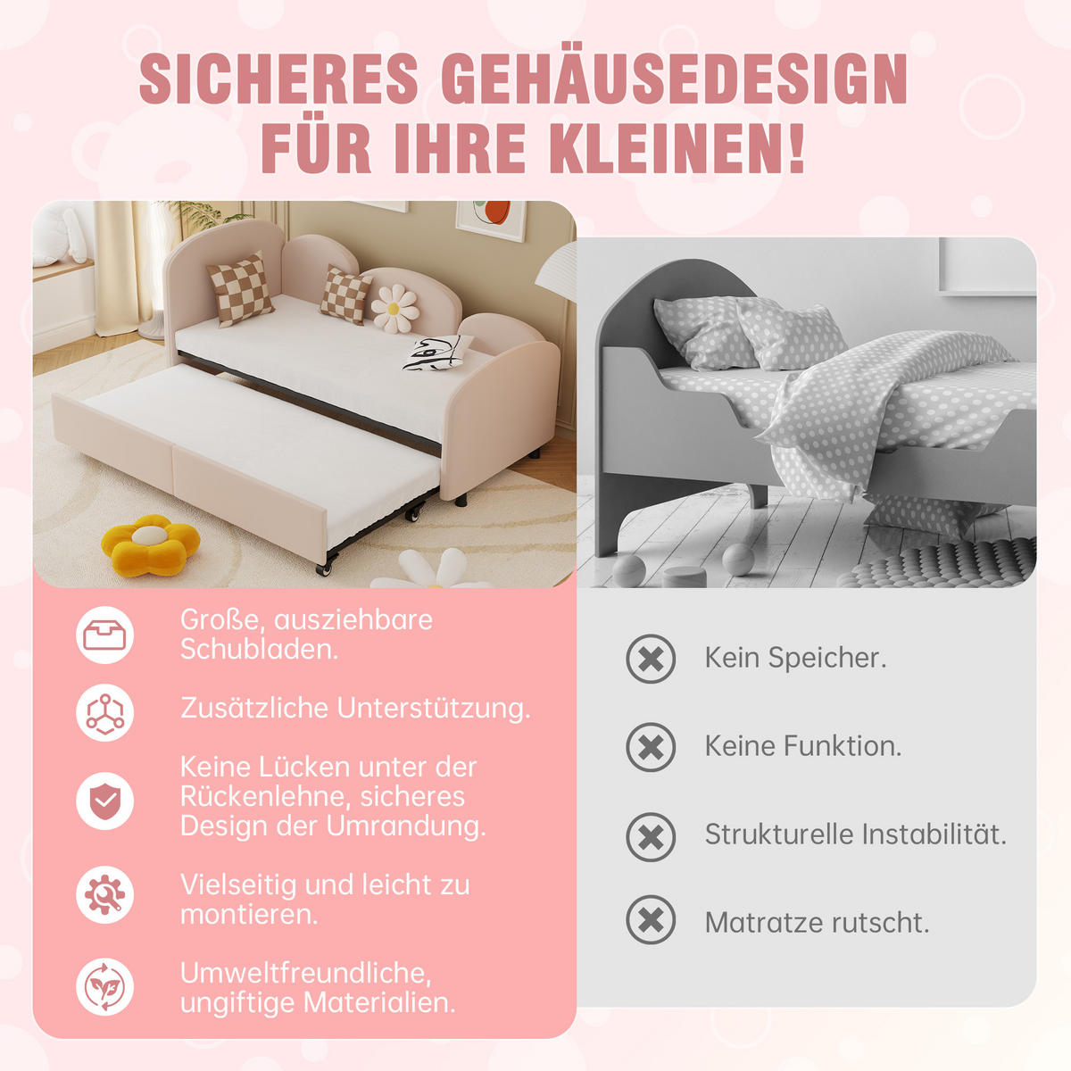 KINDERBETT 90/200 cm in Pink Samt mit 1 Schublade - Hellrosa, Holzwerkstoff/Textil (90/200cm) - WISHDOR