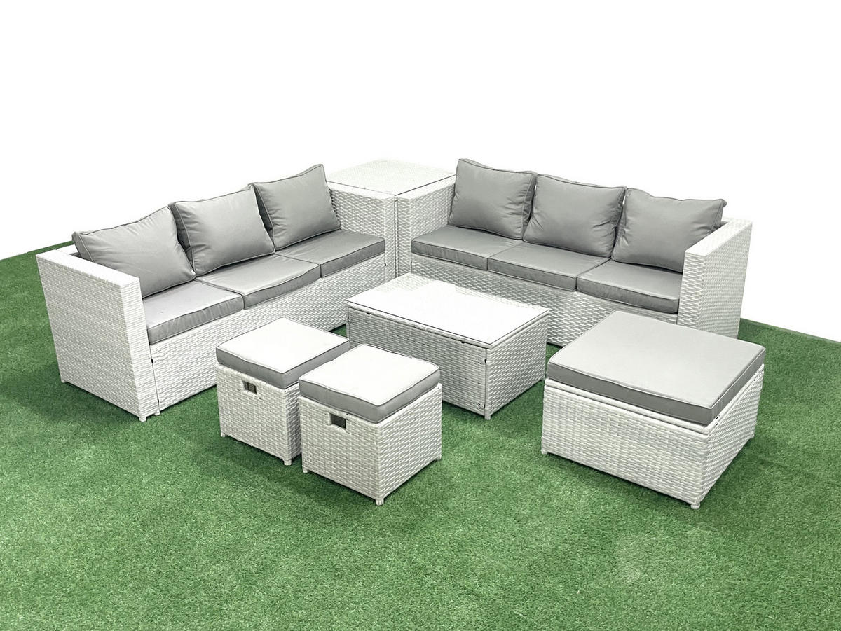 GARTENGARNITUR mit 3-SITZER SOFA,COUCHTISCH Polyrattan Hellgrau-Mix 9-Sitzer - Hellgrau/Grau, Glas/Kunststoff - Fimous