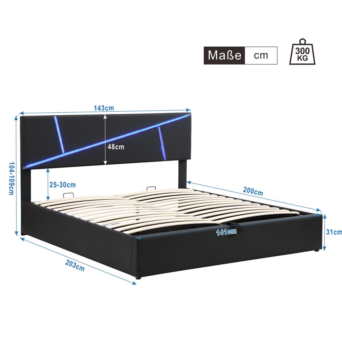 POLSTERBETT mit LED-Beleuchtung 140/200 cm mit Bettkasten und gepolstertem Kopfteil - Schwarz, Kunststoff (140/200cm) - BEAOK