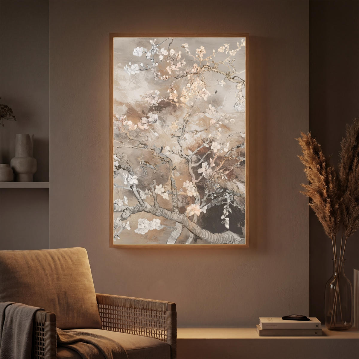 NÁSTĚNNÁ LAMPA S AKUMULÁTOREM Mandlový květ - Umění - Van Gogh - Béžová - Abstraktní 60x90 cm - šedohnědá, kompozitní dřevo (60/90/8cm) - OnlyWow
