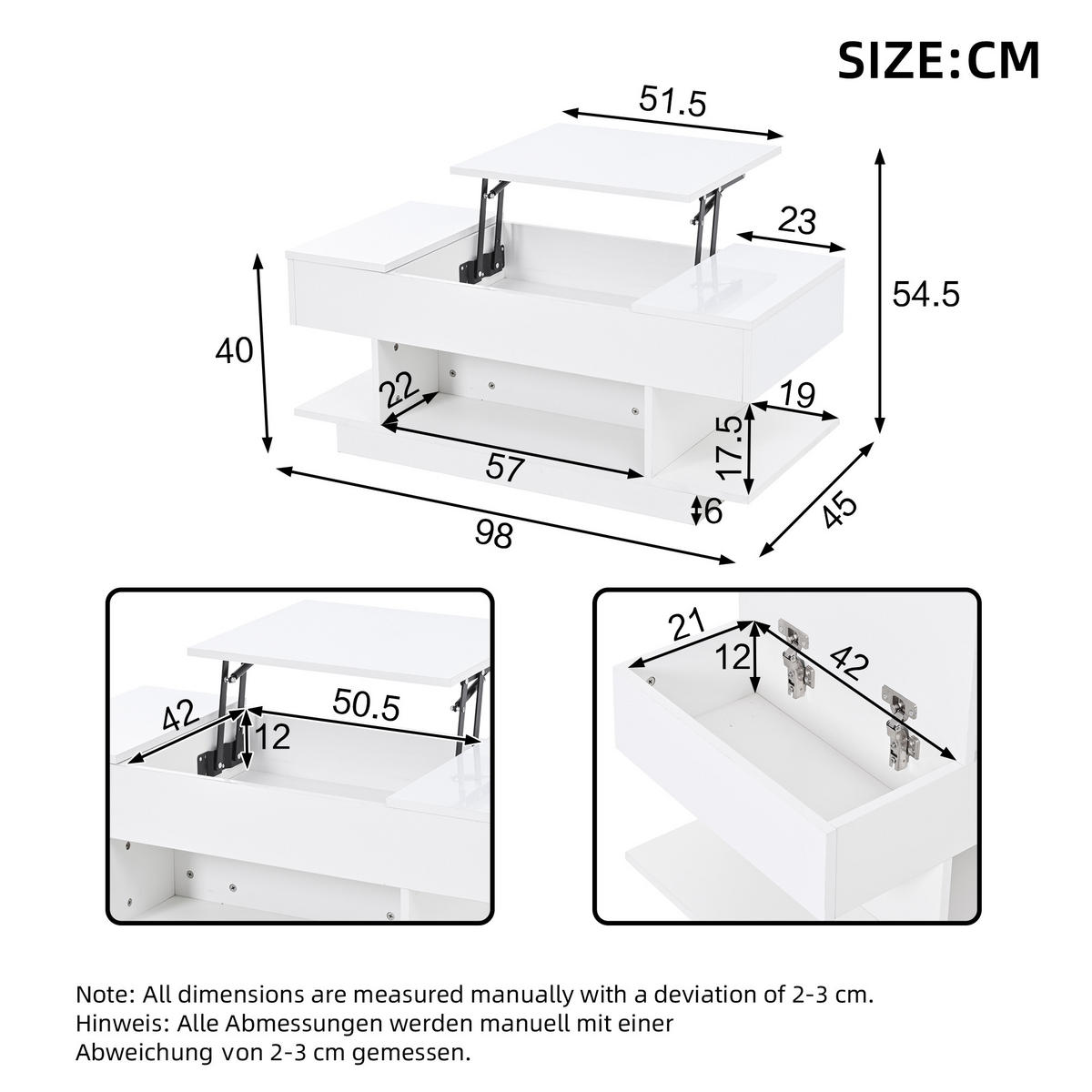 COUCHTISCH 98/45/40 cm Weiß mit Lift-Tischplatte und LED-Beleuchtung - Weiß, Holzwerkstoff (98/45/40cm) - OKWISH