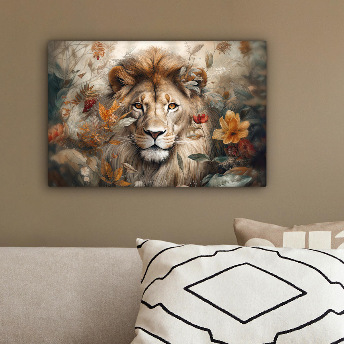 LEINWANDBILD Löwe - Wildtiere - Pflanzen - Natur - Blumen 30x20 cm - Beige, Textil (30/20cm) - MuchoWow