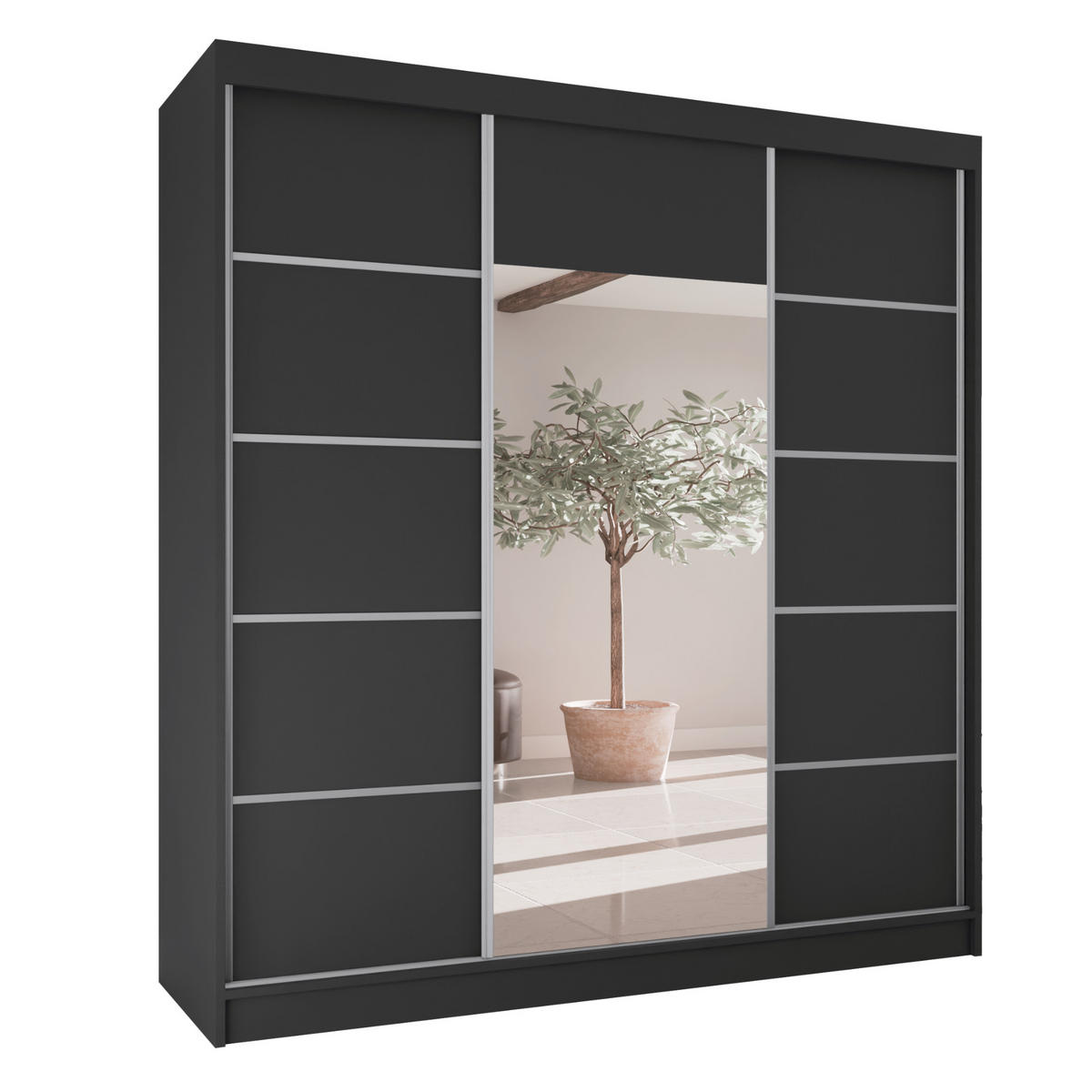 SCHWEBETÜRENSCHRANK Moni mit Spiegel und Zierleisten, 215x200x61cm, Schwarz+Silber - Silberfarben/Schwarz, Holzwerkstoff (200/215/61cm) - AN-Moebel 4u