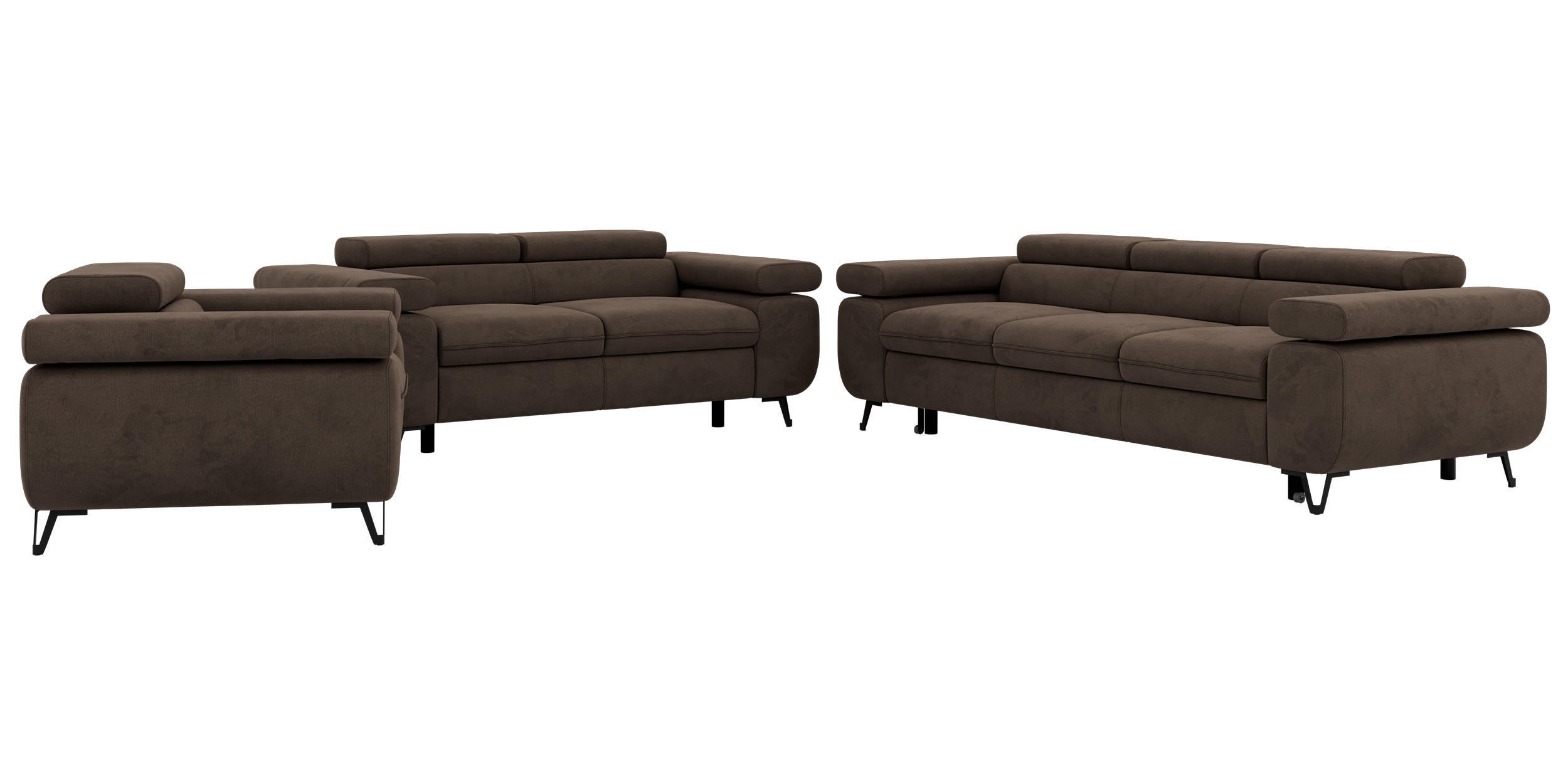 SITZGARNITUR PETER 1+2+3 mit Schlaffunktion - Braun Velvet - Schwarz/Braun, Textil/Metall (262/76/99cm) - MKS