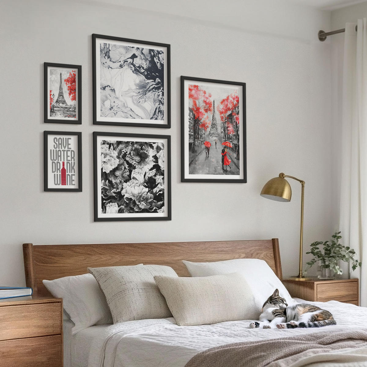WANDBILDER 5er-Set - 50x50 cm & 20x30 cm & 40x60 cm Schwarzer Rahmen - graue Gemälde des Eiffelturms - Schwarz, Kunststoff (40/60cm) - ArtPrintCave