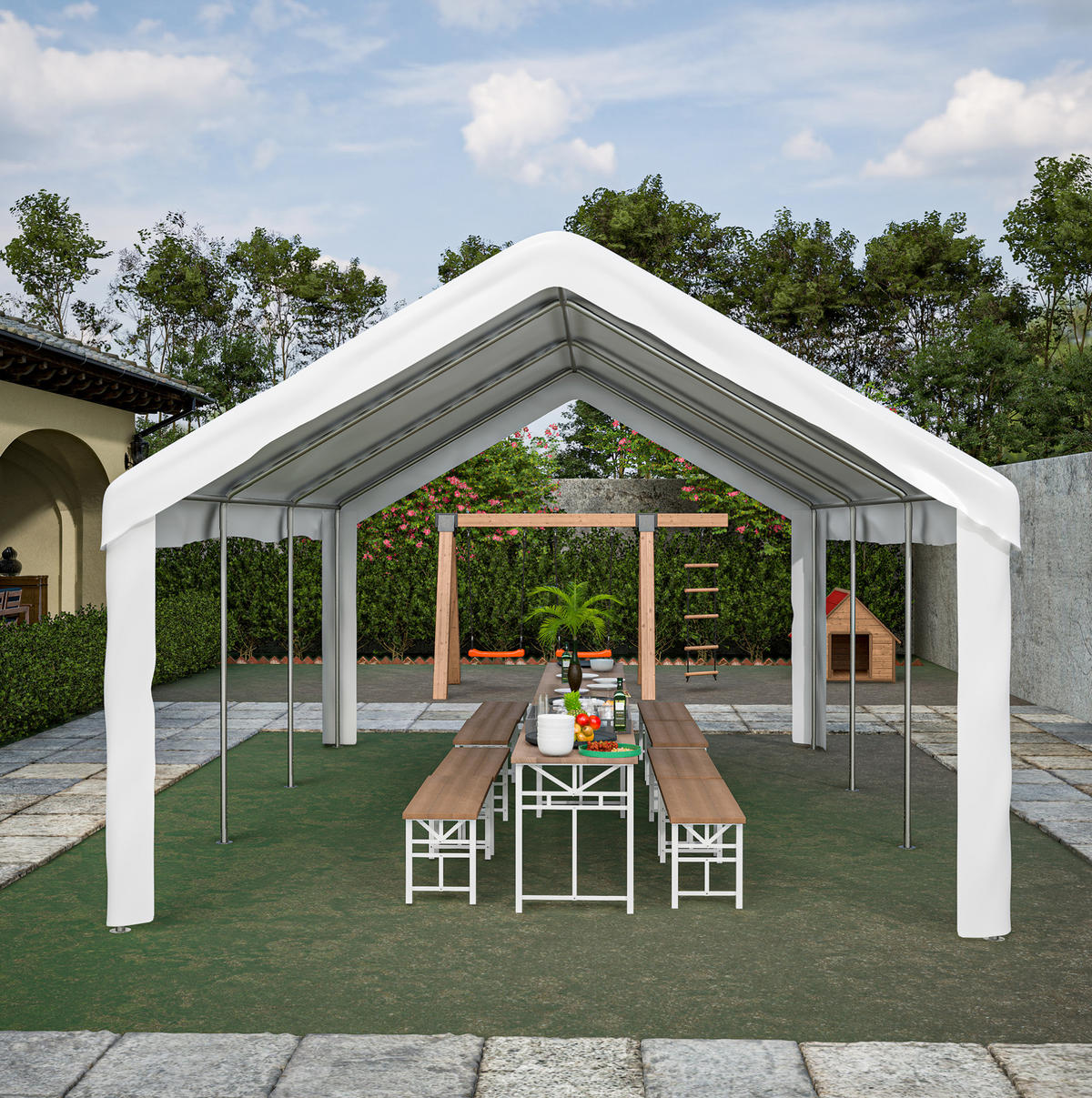 KLEINGARAGE aus Stahlrohr & PE-Oxford 601x400x281 cm in Weiß - Weiß, Metall (400/281/601cm) - Modfu