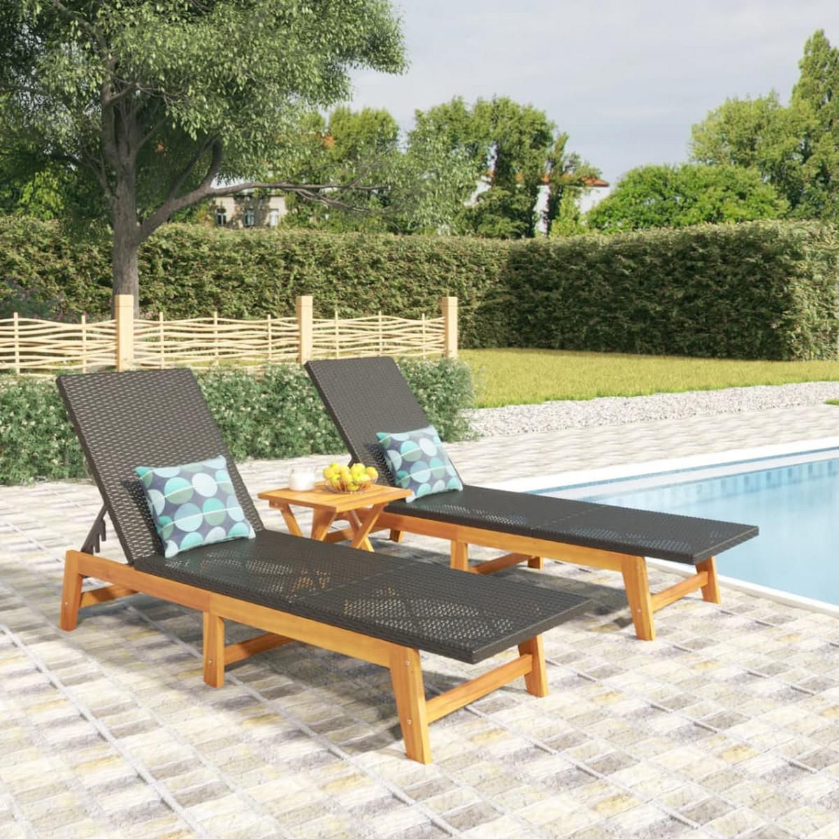 SONNENLIEGEN 2 Stk. Schwarz Braun Poly Rattan Massivholz - Schwarz, Holz (54/87/200cm) - furnicato