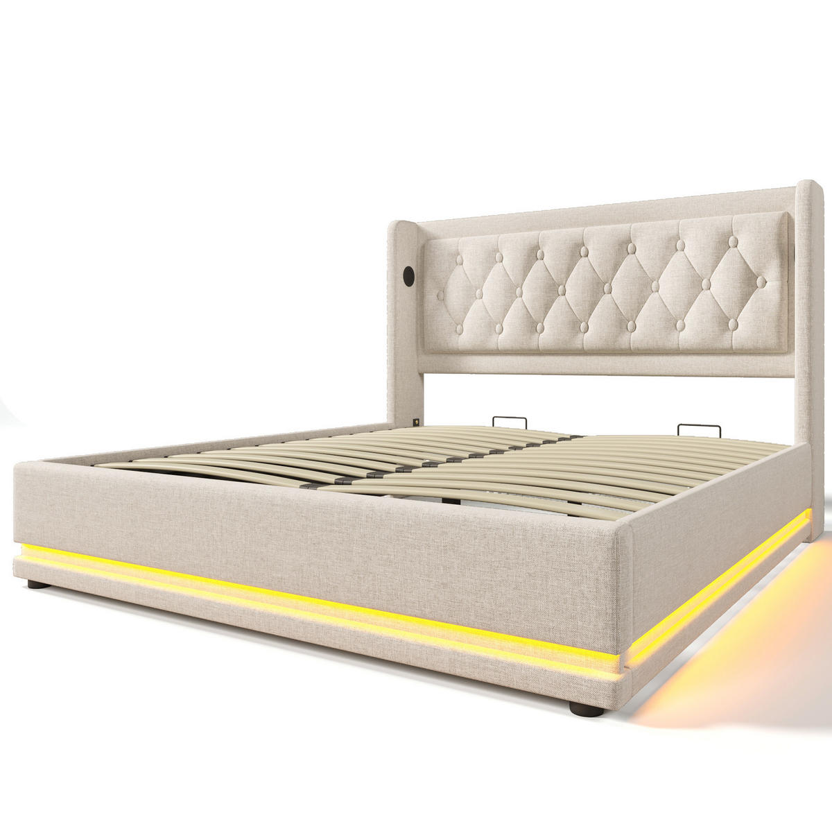 POLSTERBETT 180/200 cm Beige mit Stauraum, LED-Beleuchtung und USB - Beige, Textil (180/200cm) - Flora Grace