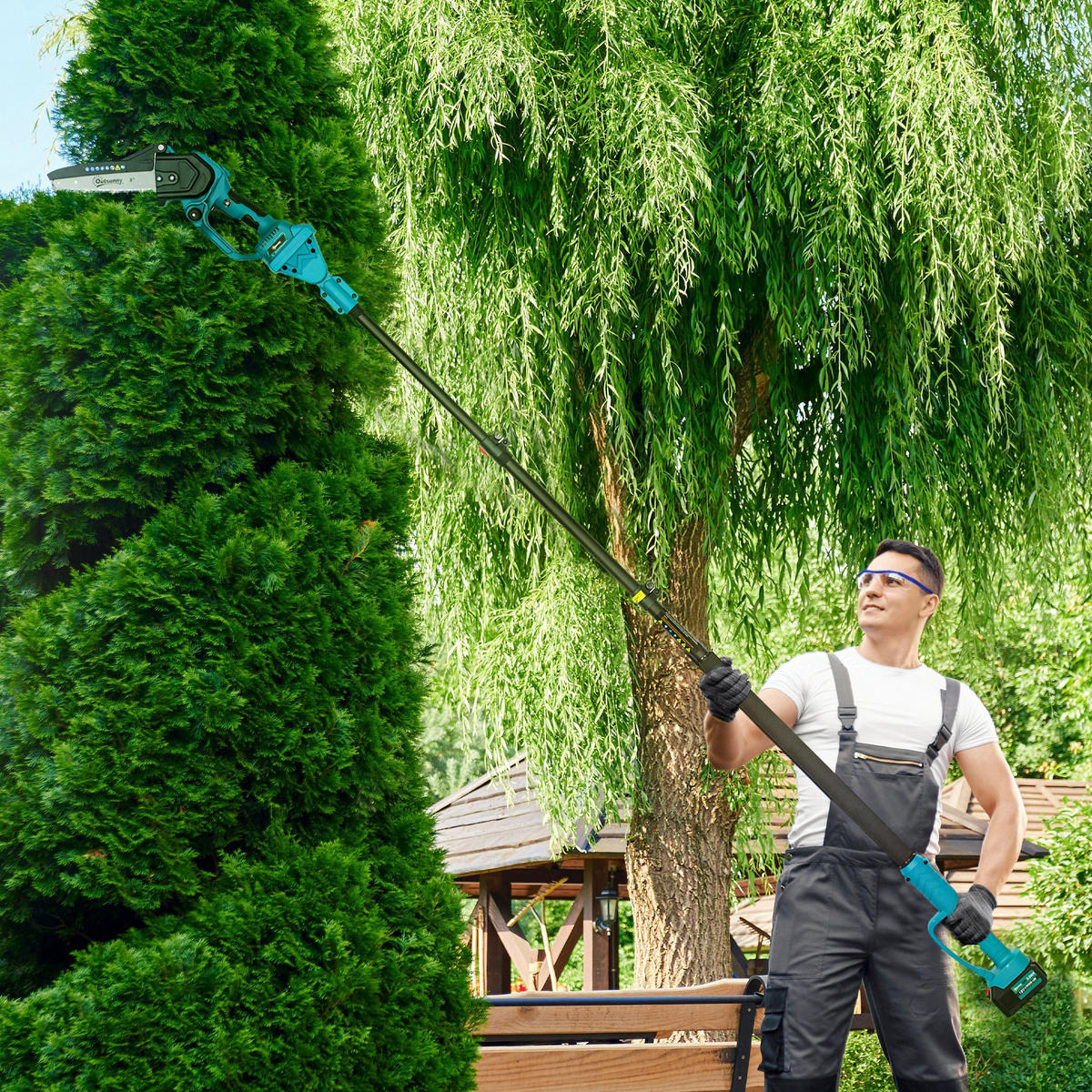 2-IN-1 Mini Kettensäge 580W mit Akku 8000mAh Sicherheitsverriegelung 8 Zoll - Blau, Metall (42/29/10.5cm) - Outsunny