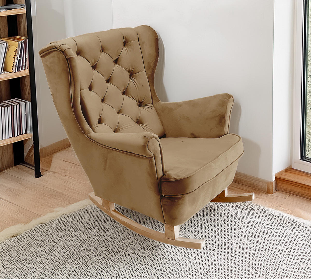 SCHAUKELSESSEL mit gepolstertem Sitz und Armlehnen, 102x81x95 cm, Cappuccino_29808 - Buchefarben/Samtahornfarben, Holz/Textil (81/102/95cm) - DomoHome