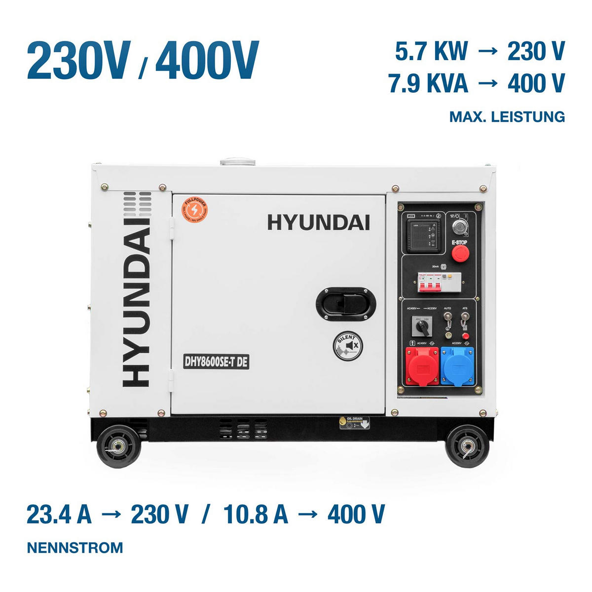 DIESEL Generator DHY8600SE-T D (5.7kW / 7.9kVA, Elektrostart, 1 x 230V + 400V) - Weiß, Metall (92/52/72cm) - HYUNDAI