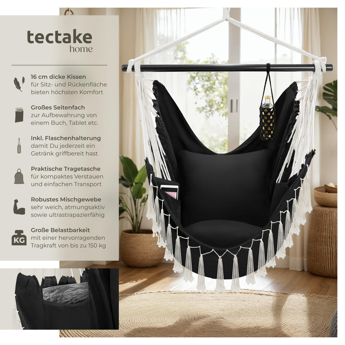 HÄNGESESSEL Malika,inkl. Tragetasche, ca. 100 x 150 x 150 cm,schwarz - Schwarz, Kunststoff/Metall (100/150/150cm) - tectake
