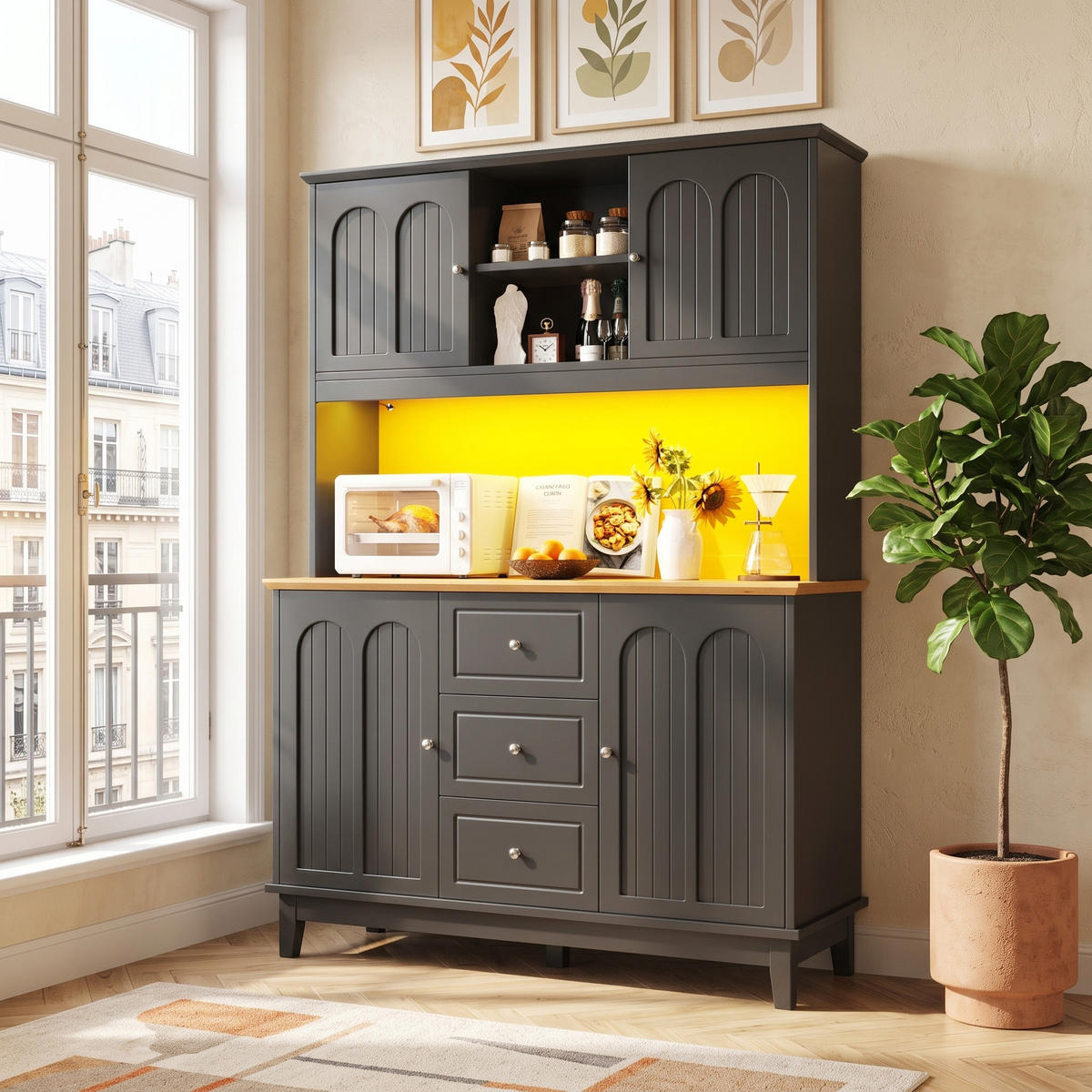 BUFFETSCHRANK Schwarz & Natur mit LED & App-Steuerung, 4 Türen, 3 Schubladen - Schwarz, Holzwerkstoff (120/180/40cm) - Urban Meuble