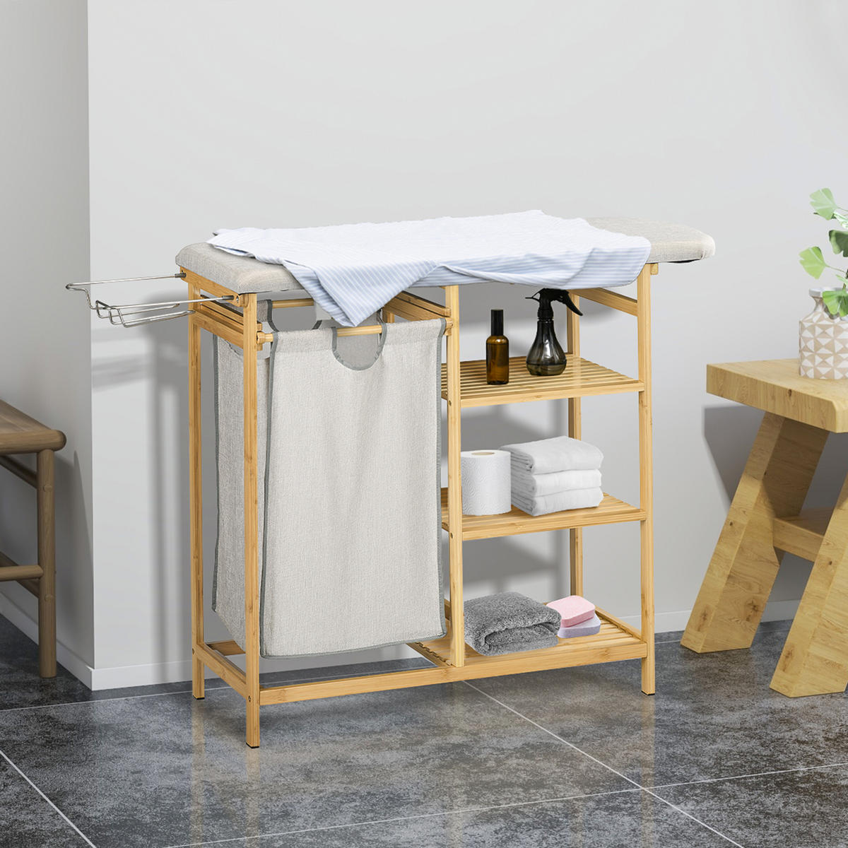 WÄSCHEKORB, 57,4 L Wäschesammler mit Bügelbrett und Bügeleisen, Bambus, Natur - Multicolor, Kunststoff (34/82/113cm) - HOMCOM