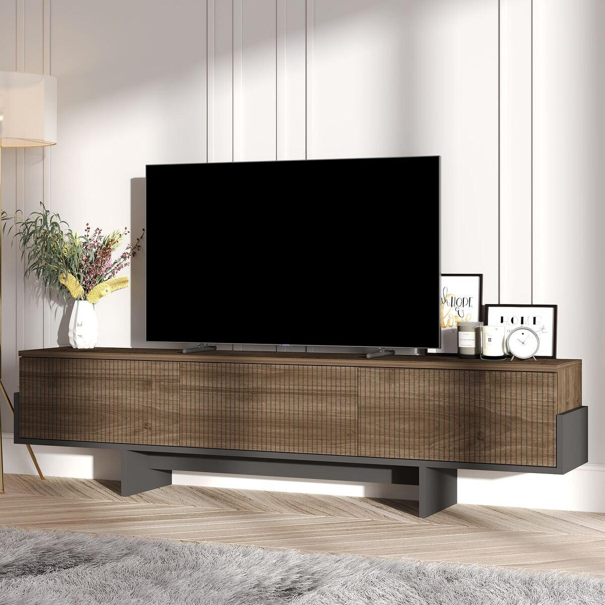 TV-MÖBEL mit 3 abklappbaren Türen gestreift 30/180/44,6 cm - Schwarz, Holzwerkstoff (30/44.6/35cm) - Calicosy