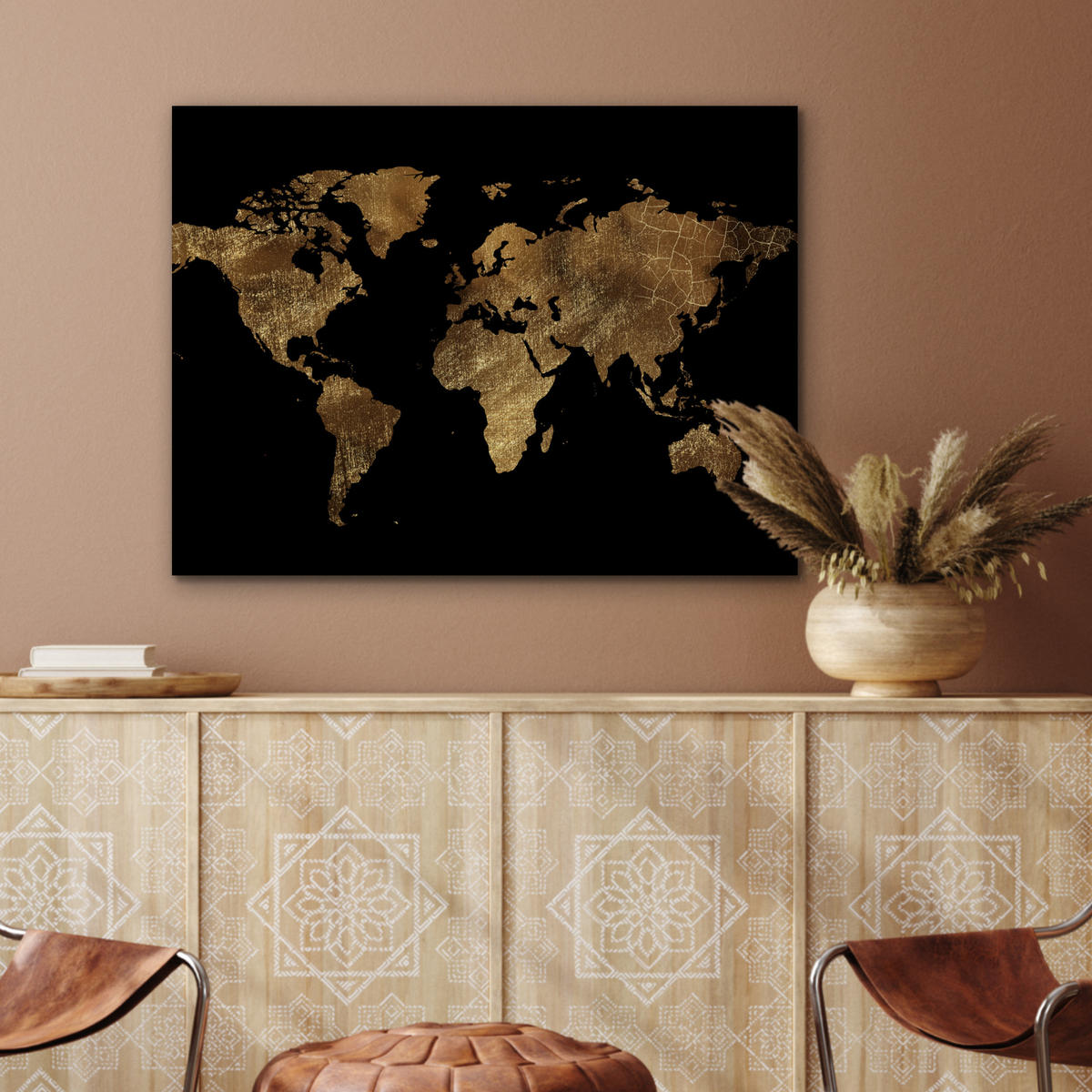 KOVOVÝ OBRAZ Mapa sveta - Zlato - Luxus - Zem - Čierna 80x60 cm - zlatá, kov (80/60cm) - MuchoWow