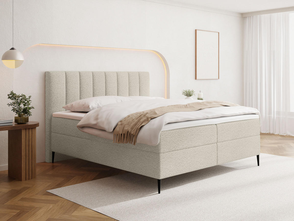 BOXBETT Allen mit Bettkasten, Boucle Beige 120x200 cm – inkl. H4 Taschenfederkern Matratze & Foam Topper - Beige/Schwarz, Holzwerkstoff/Metall (120/200cm) - WFL GROUP