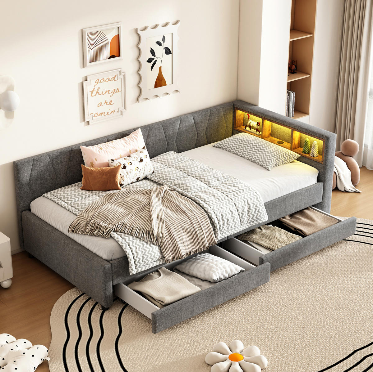 POLSTERBETT 90/200 cm Grau aus Leinen mit LED-Beleuchtung und Stauraum - Grau, Textil (90/200cm) - OKMYHOME