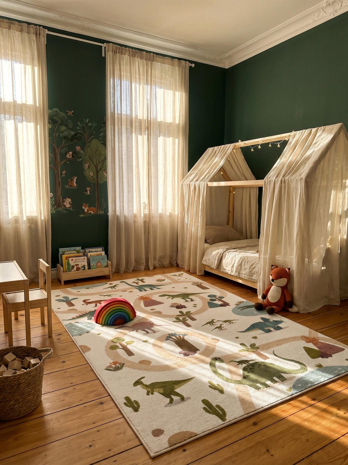 KINDERTEPPICH Kurzflor Dinosaurier-Landschaft Waschbar OEKO-TEX Spielteppich Jungen Mädchen Creme 120x170 – TINO - Creme, Textil (120/170cm) - KADIMA DESIGN