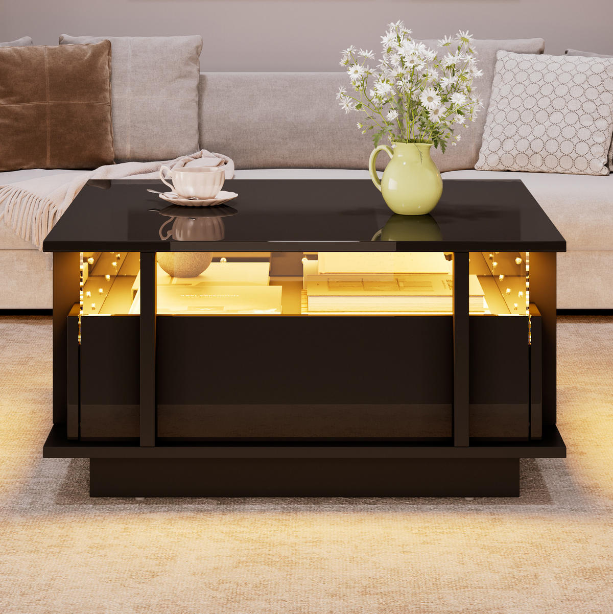 COUCHTISCH 70/70/35 cm Schwarz aus Holzwerkstoff mit LED-Beleuchtung und 2 Schubladen - Schwarz, Holzwerkstoff (70/70/35cm) - OKWISH