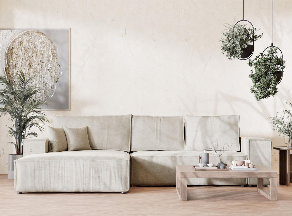 ECKSOFA Maze Beige Chenille-Stoff - Links Seite - Beige/Schwarz, Holz/Holzwerkstoff (185/294cm) - Maison de Reve