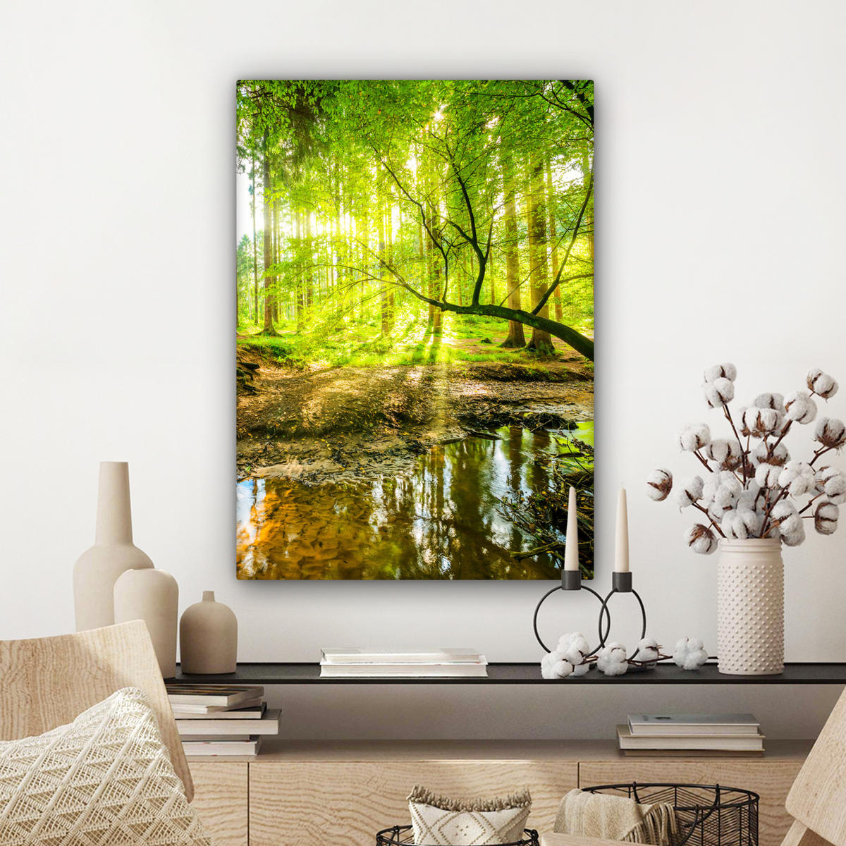 LEINWANDBILD Wald - Landschaft - Wasser - Bäume - Sonne - Grün - Natur 60x80 cm - Grün, Textil (60/80cm) - MuchoWow