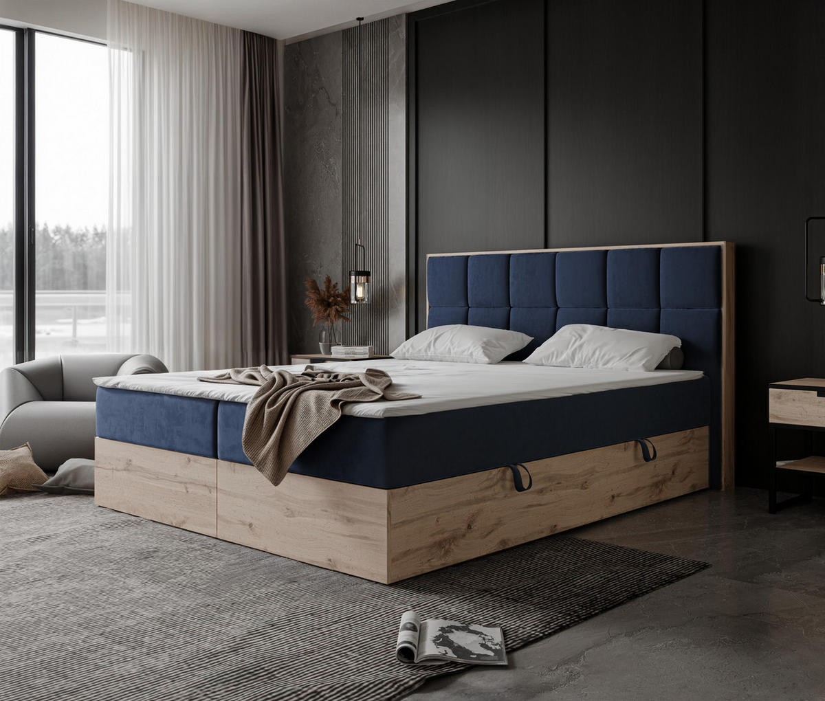 BOXBETT LAVIO II 160/200 cm, in Marineblau, mit Matratze und Topper - Dunkelblau, Holzwerkstoff/Textil (160/200cm) - Idohome