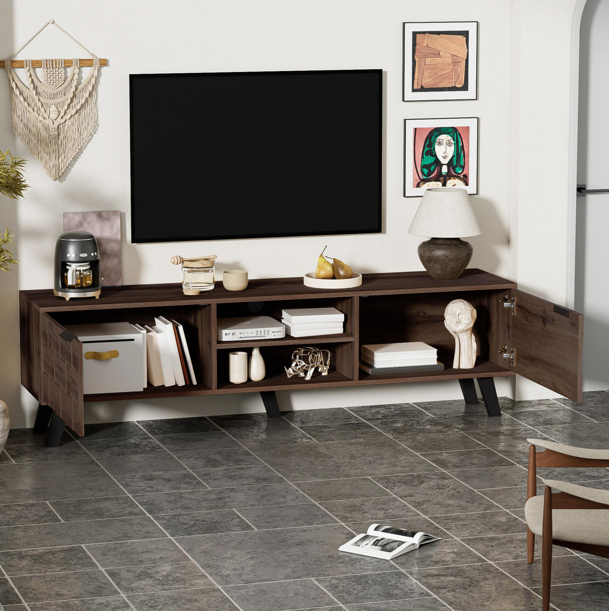 TV-SCHRANK aus Spanplatte 160,5x35,5x45 cm Holzfarbe mit 2 Türen, 2 offenen Fächern und Dämpfungsscharnieren - Braun, Holzwerkstoff (160.5/45/35.5cm) - Modfu