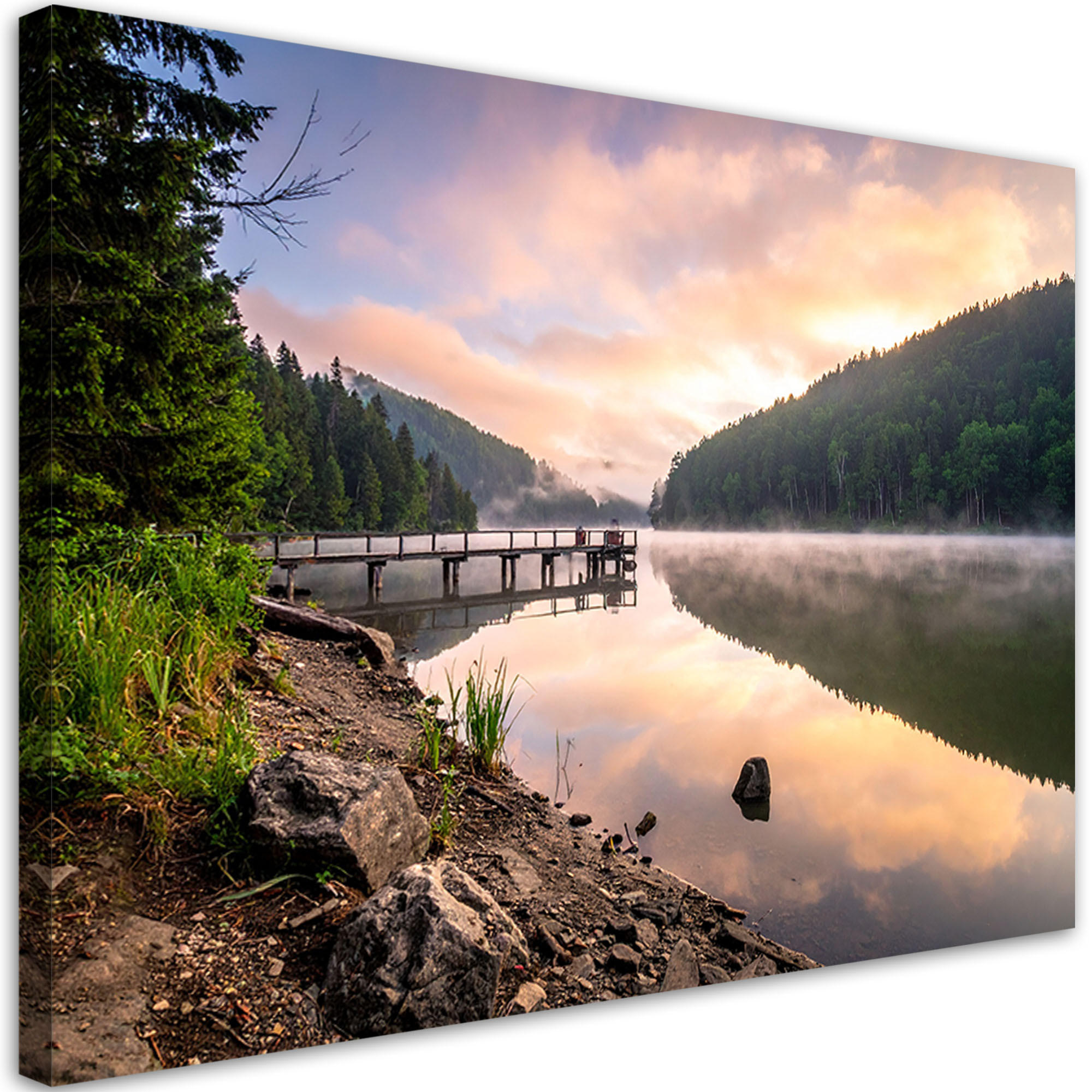 LEINWANDBILD Aussicht See Steg Natur 90x60cm - Grau, Textil (90/60cm) - Feeby