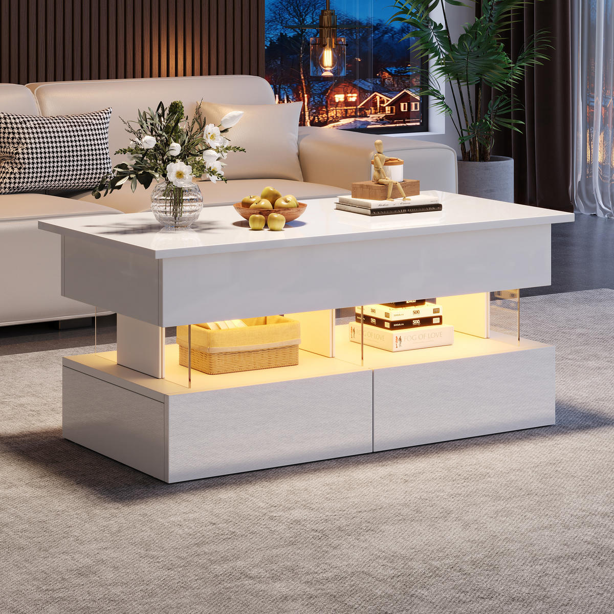 COUCHTISCH 100/50/46 cm hochglanz weiß mit höhenverstellbarer Tischplatte und LED-Beleuchtung - Weiß, Holzwerkstoff (120/50/46cm) - OKWISH