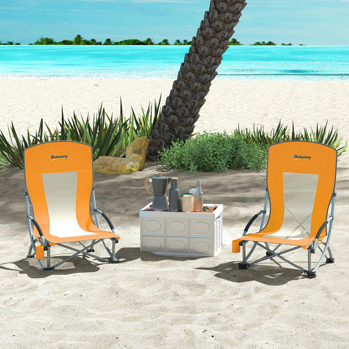 GARTENKLAPPSESSEL DE-15694 2er-Set mit Getränkehalter Orange - Orange, Metall (58/79/70cm) - ComfortXL