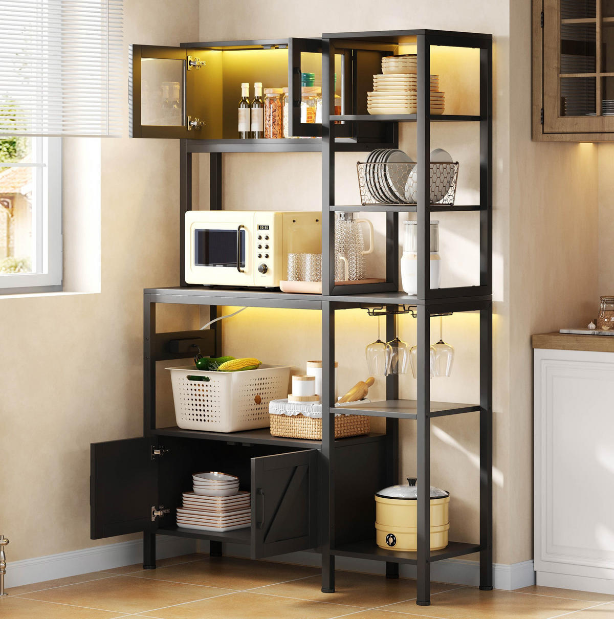 BUFFET 115/40/180 cm schwarz aus MDF und Stahl mit LED - Schwarz, Holzwerkstoff (115/180/40cm) - OKWISH