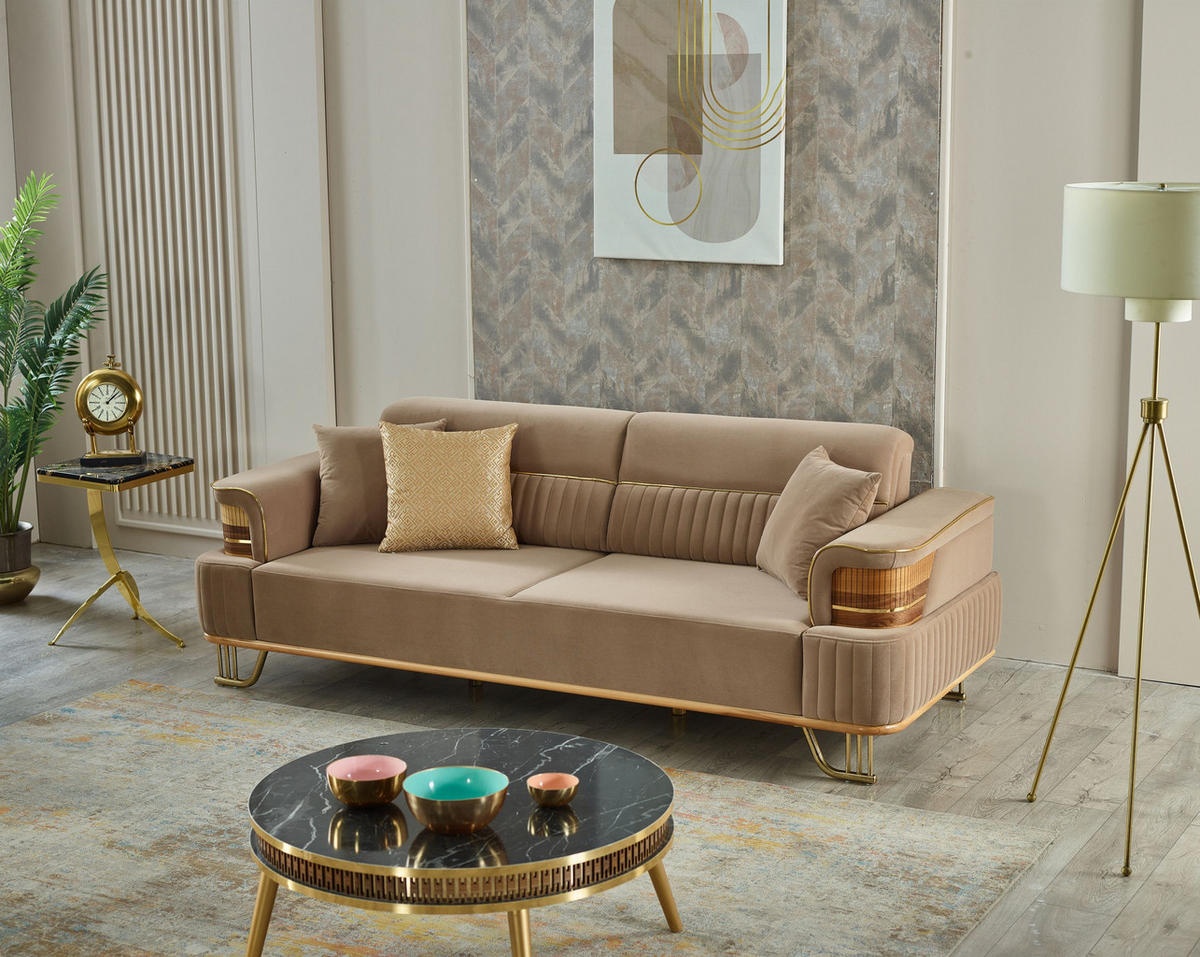 SITZGARNITUR Braga Hellbraun Stellvariante:3+1+1 - Beige, Holz (230/85/95cm) - Villa Möbel