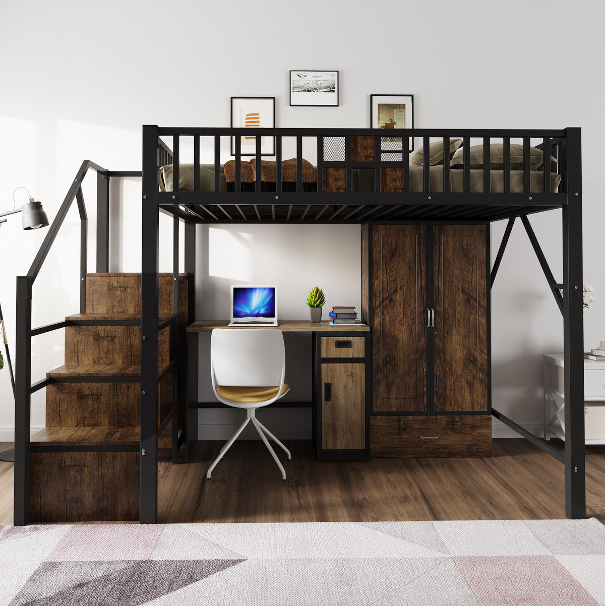 HOCHBETT 140/200 cm aus Metall und Holz mit Kleiderschrank und Schublade, Schwarz - Schwarz, Metall (140/200cm) - OKMYHOME