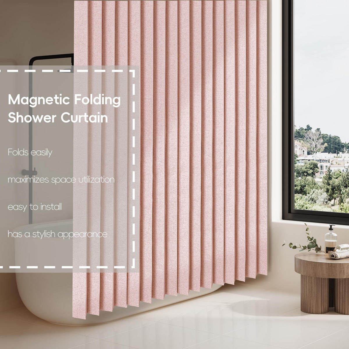 DUSCHVORHANG Rosa magnetisch faltbar Leinen wasserdicht schimmelresistent waschbar mit Haken - Pink, Textil (220/200cm) - MCBOSON