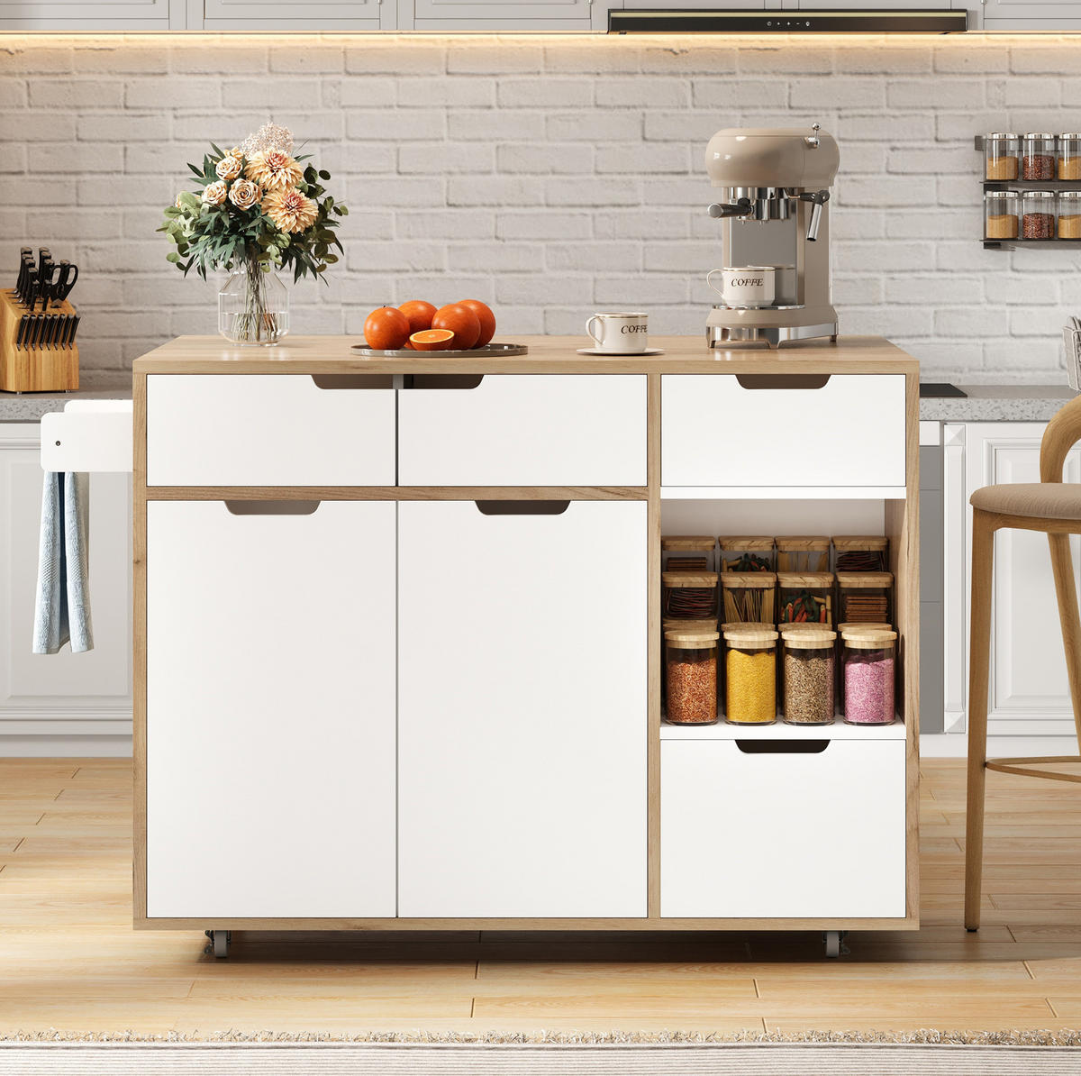 SCHRANK/SIDEBOARD 120x46x85cm Weiß mit 360°Rollen, Schubladen & Fächern - Weiß, Holzwerkstoff (120/85/46cm) - Modfu