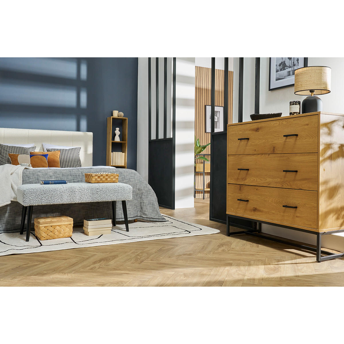 KOMMODE Helles Eichenholzfinish Schwarzes Metall 3 Schubladen B100 cm LOVATO - Eiche Bianco, Holz (43/100/100cm) - Miliboo