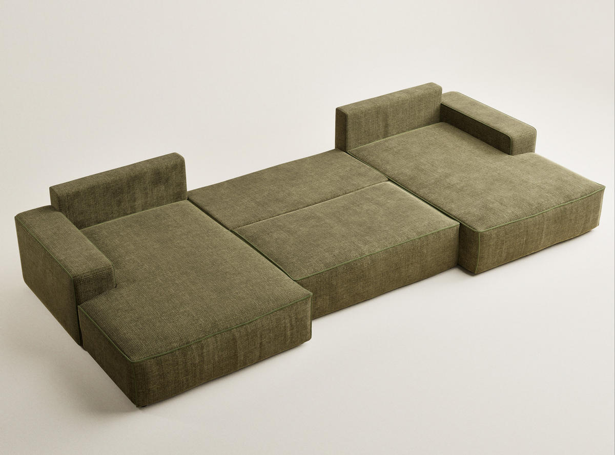 WOHNLANDSCHAFT Deseo Olivgrün Chenille-Stoff - Schwarz/Olivgrün, Holz/Holzwerkstoff (398/70/148cm) - Maison de Reve