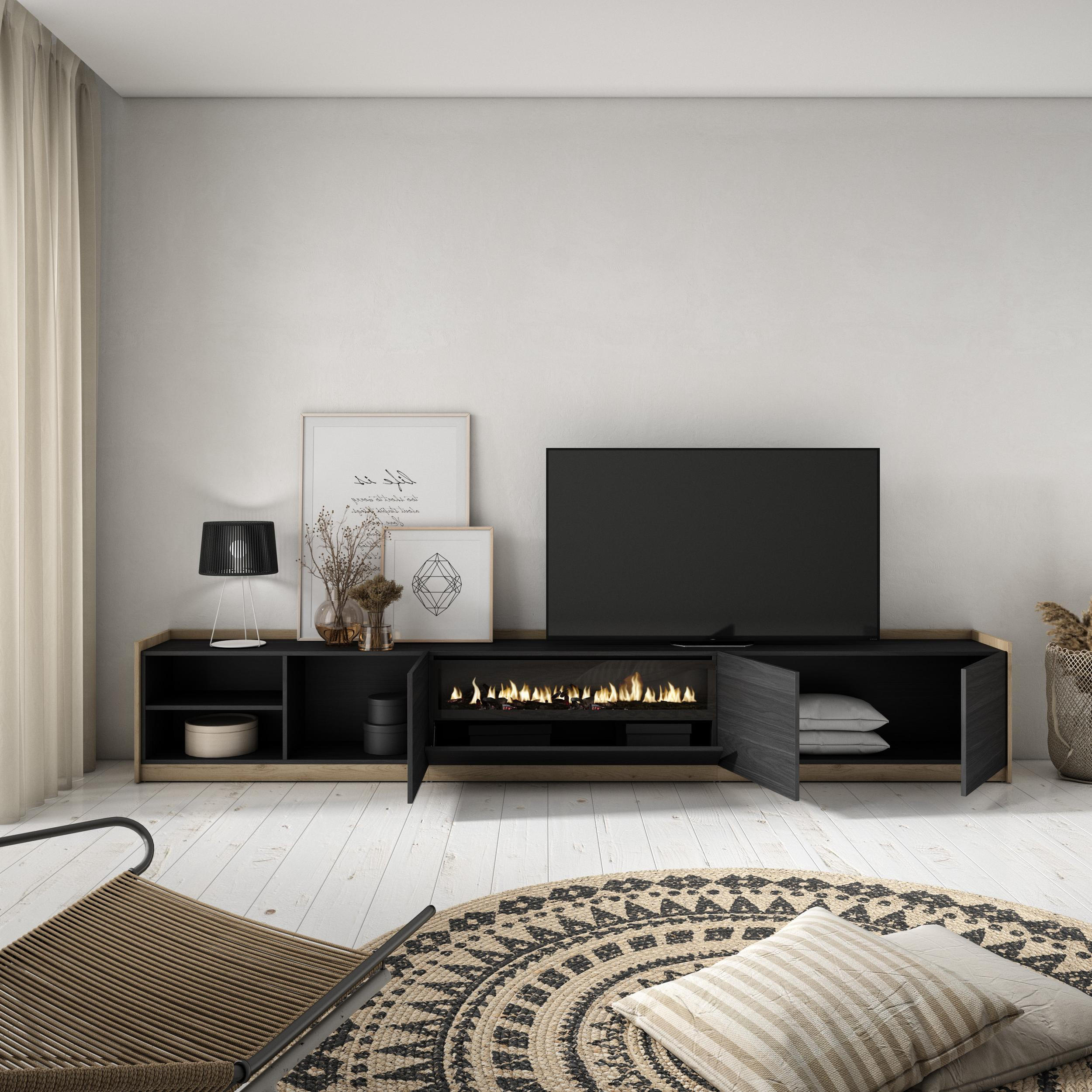 TV-SCHRANK, Lowboard, Schwarz Eiche, Elektrokamin, 310/37/50cm - Schwarz, Holzwerkstoff (310/50/37cm) - Skraut Home