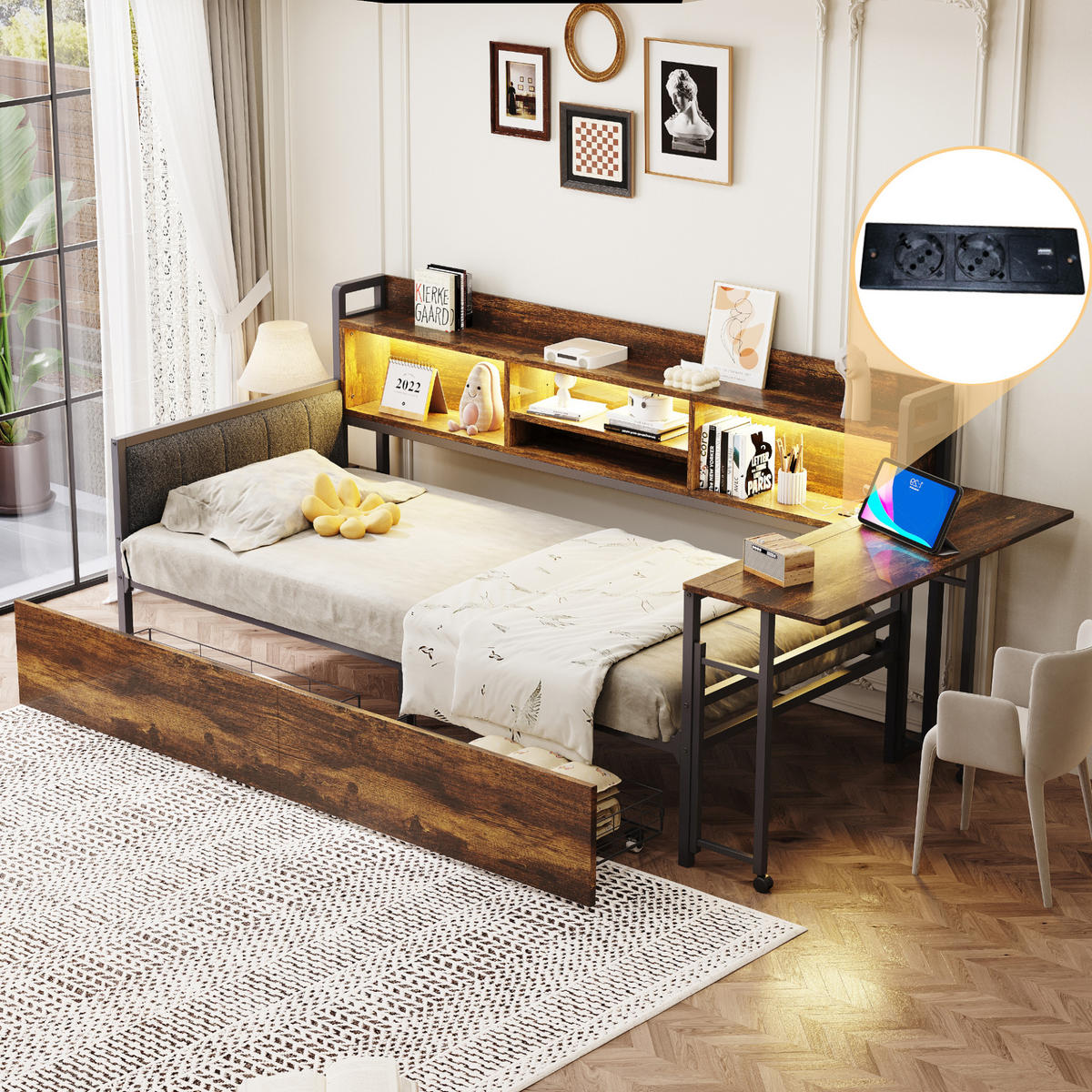 SCHLAFSOFA 90/200 cm in Natur mit 2 Schubladen, LED und Steckdose - Braun, Holzwerkstoff/Metall (90/200cm) - WISHDOR