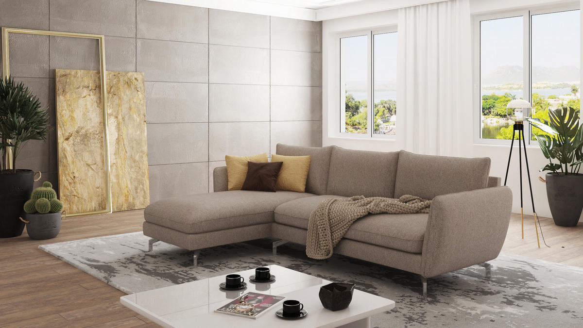 ECKSOFA Elou Dunkelbeige Microfaser - Chromfarben/Beige, Holz/Textil (261/167cm) - S-Style Möbel