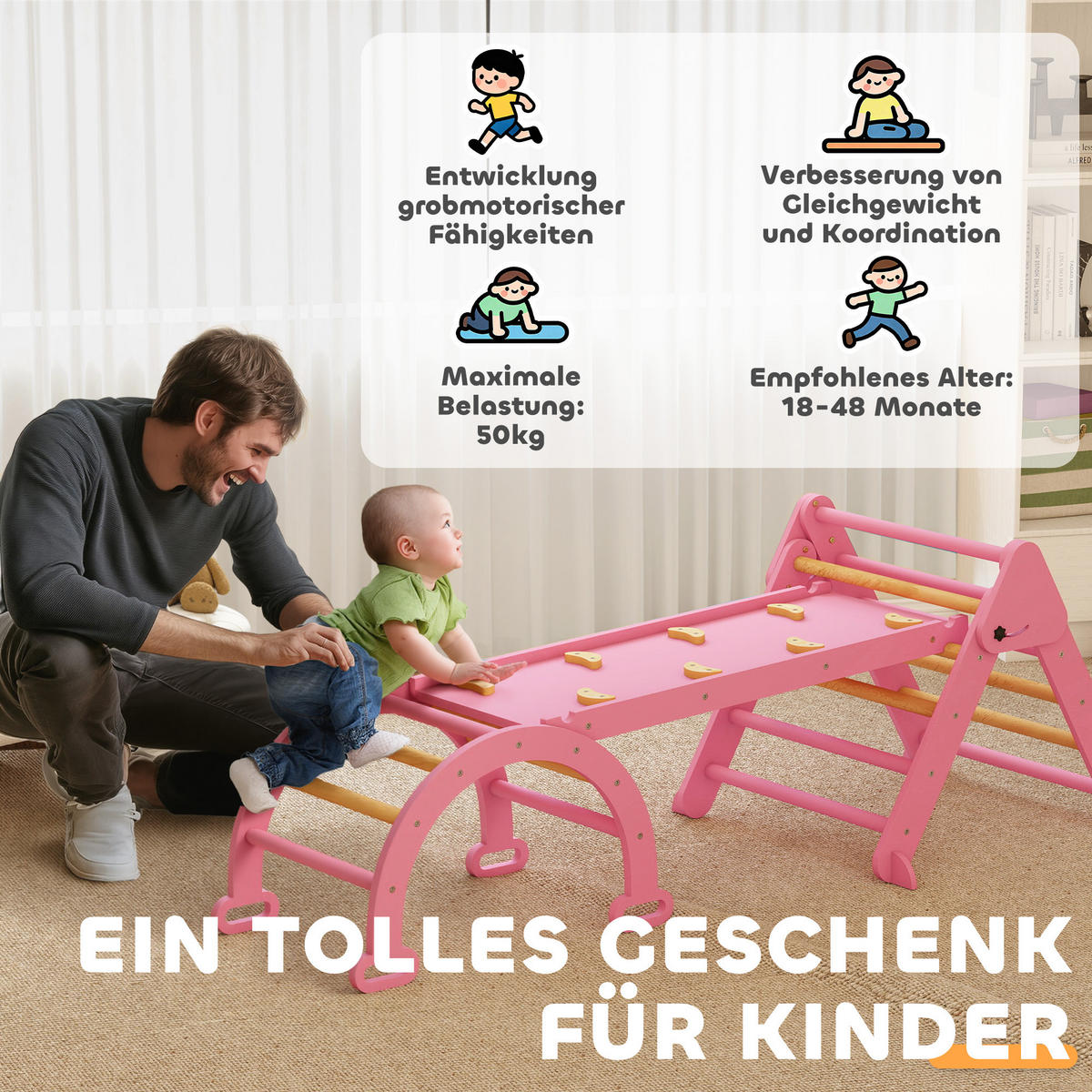 KLETTERGERÜST Indoor, 7 in 1 klappbar Kletterdreieck mit Rutsche, Kletterbogen - Rosa, Holz (70/59/188cm) - AIYAPLAY