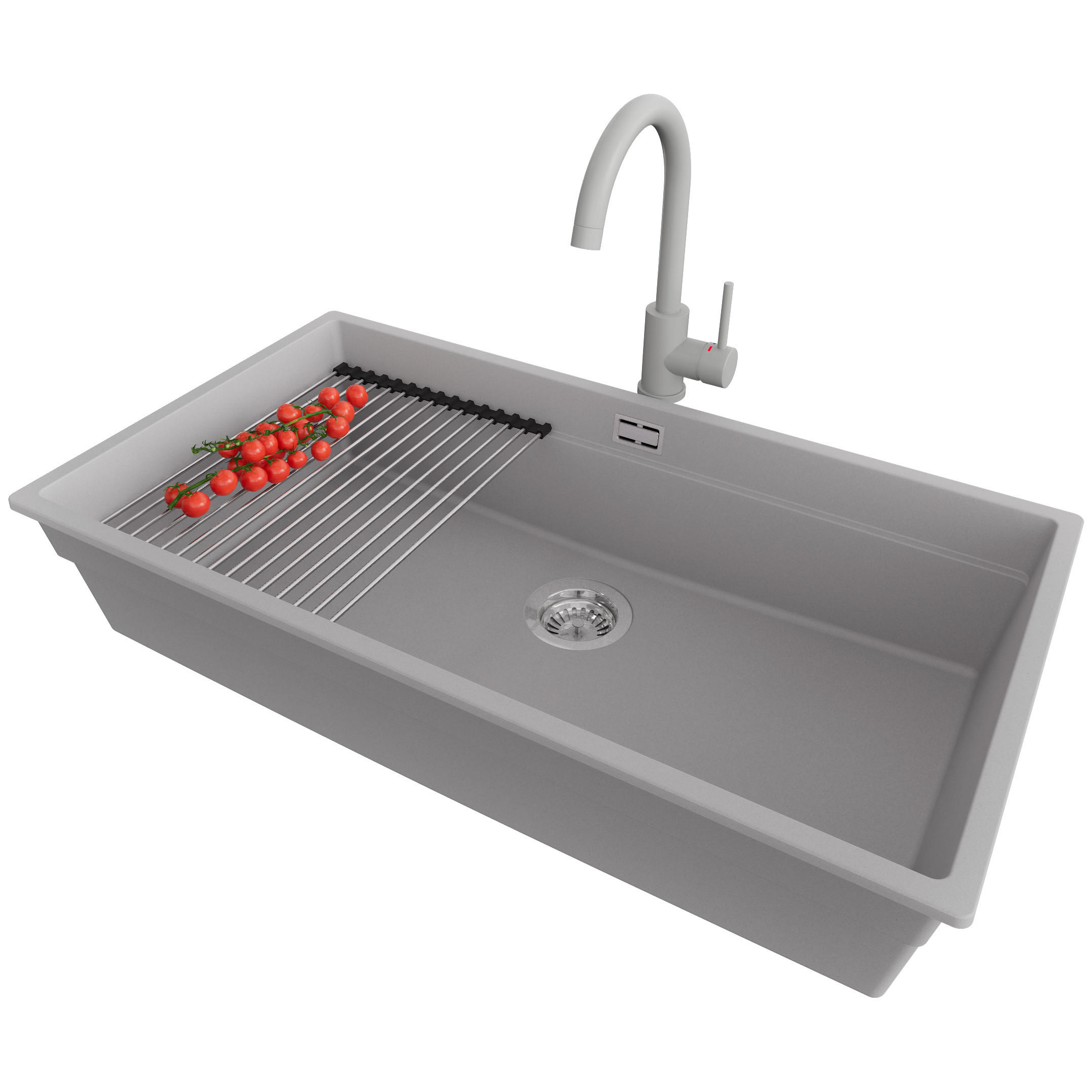 GRANITSPÜLE Praga Slim, 2-er set Grau 86/47 cm 1 Becken + Küchenarmatur 32/20 cm + Ablauf-Set + Aufrollbare Abtropffläche ab 90er Unterschrank - Chromfarben/Grau, Kunststoff (86/20/47cm) - Primagran