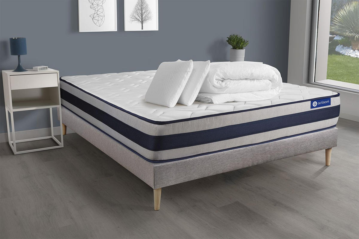 BETT Actiflex ergo Taschenfederkern und Memory-Schaum 140 x 190 cm h4 - Kit Bettgestell Grau - Mit Kissen und Bettdecke - Beige/Grau, Holz/Textil (140/190cm) - ACTISOM
