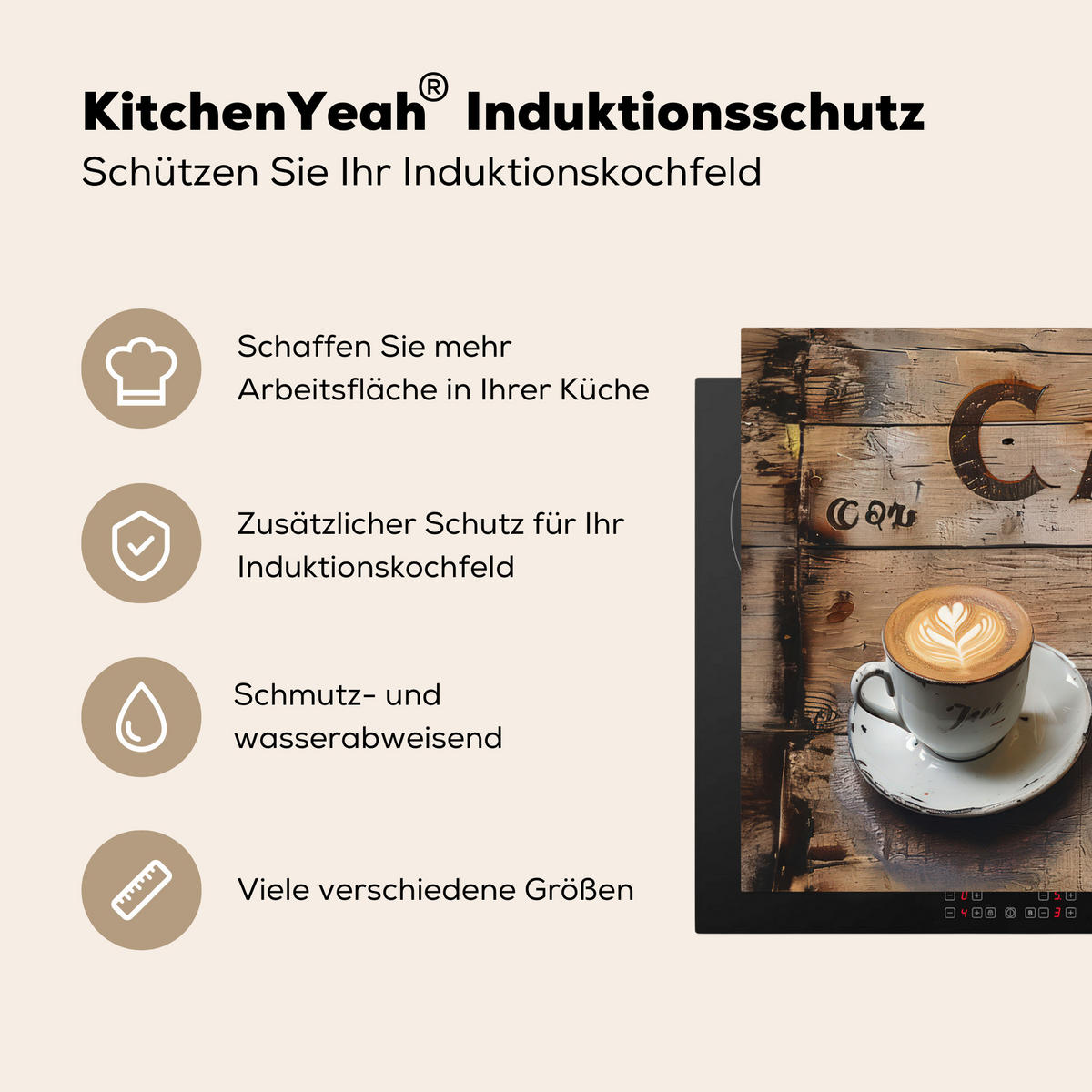 HERDABDECKPLATTE Cafe - Holz - Kaffee - Regale Herdabdeckung Induktionsfeld 75x52 cm - Schwarz, Kunststoff (75/52/0.2cm) - MuchoWow