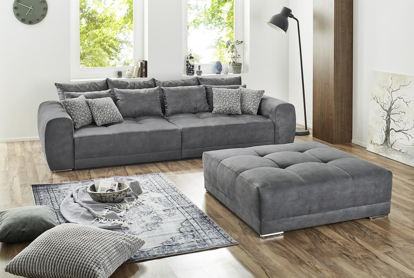 XXL-HOCKER Federkern B120/T120/H39 cm (passend zum BIG-SOFA) Mikrofaser Grau / 15139 - Chromfarben/Dunkelgrau, Textil/Metall (120/39/120cm) - luma-home