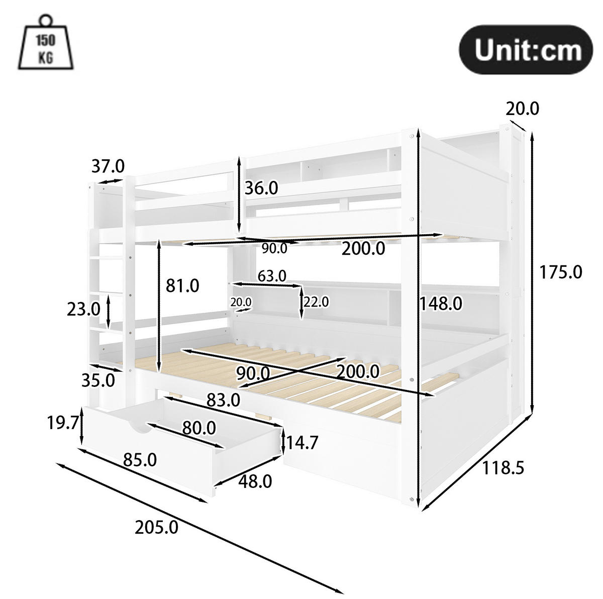 ETAGENBETT 90/200 cm mit Schublade und Ablagefächern, Weiß - Weiß, Holzwerkstoff (90/200cm) - Redom