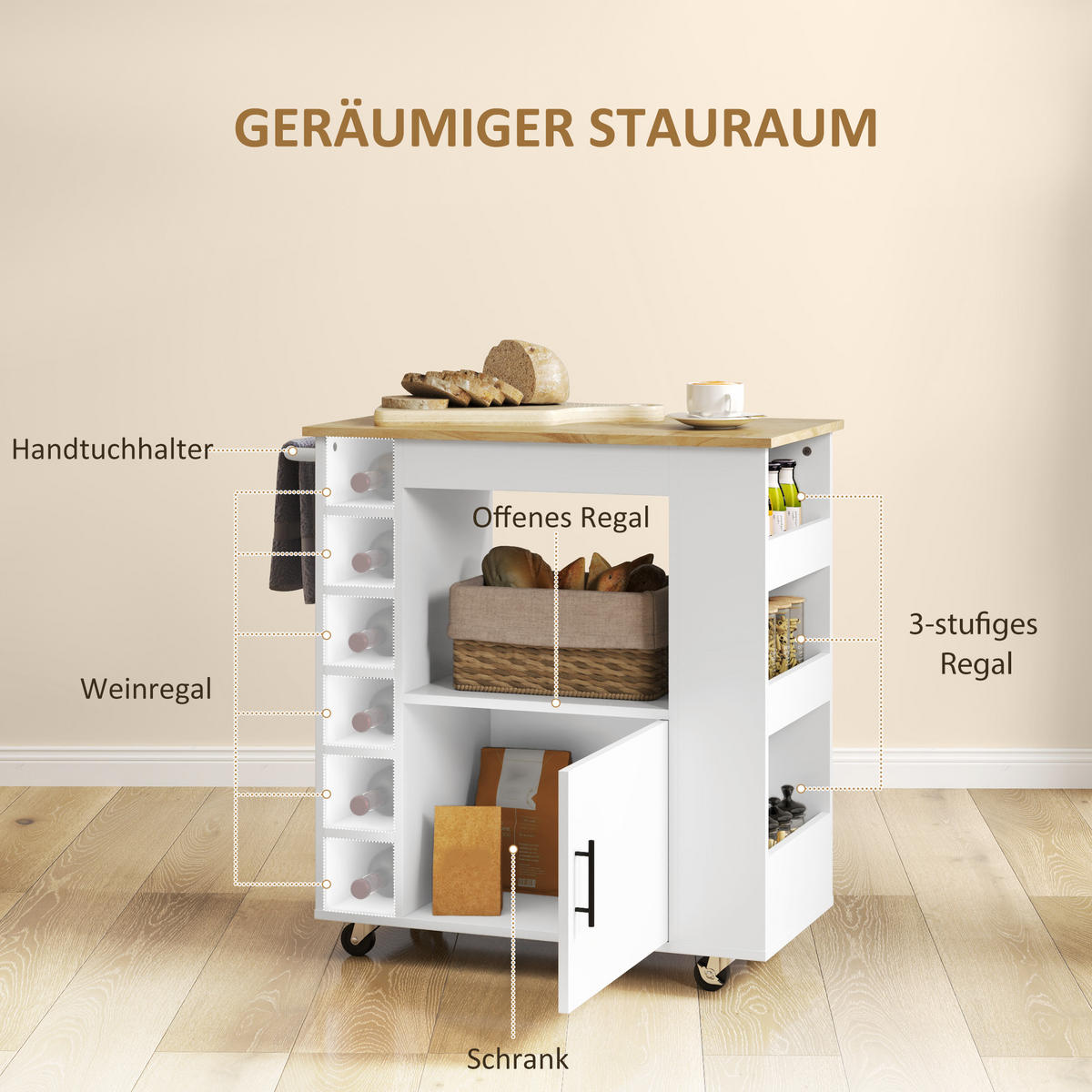 KÜCHENWAGEN mit Arbeitsplatte, 83x40x83cm, Eiche - Eichefarben, Holz (83/83/40cm) - HOMCOM
